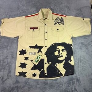 One Love Bob Marley Soul Rebel Graphic Button Up Shirt Tan Rasta Lion Mens